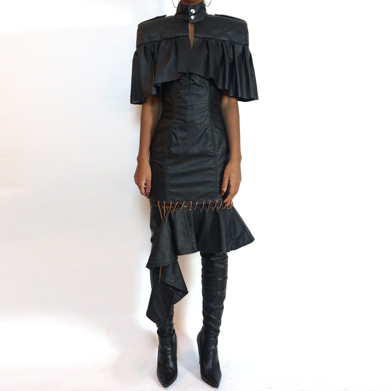 Faux-Leather Mock Neck Cape